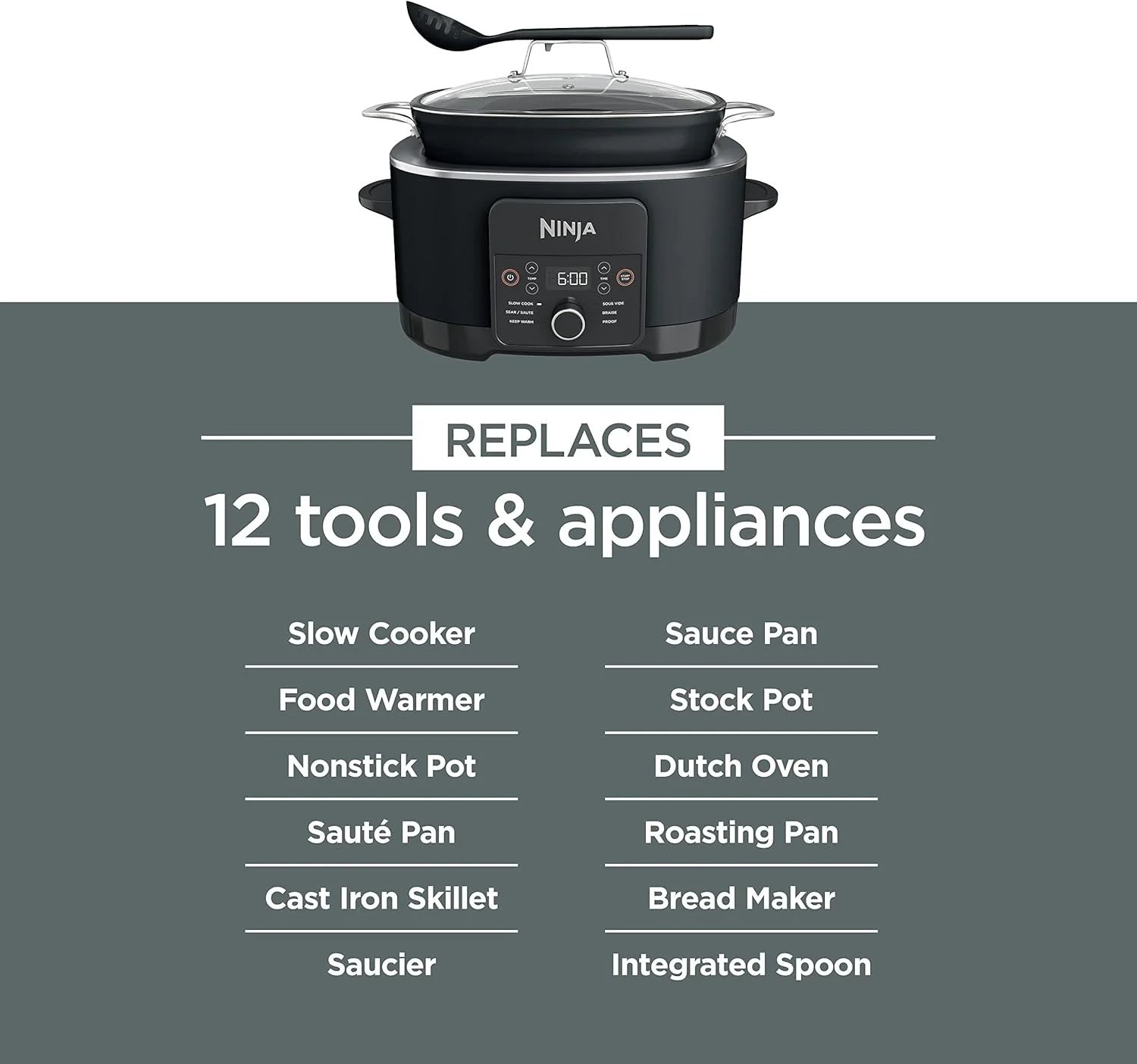 Ninja Slow Cookers 8.5-Quart Multi-Cooker with Dutch oven, steamer, glass lid with integrated spoon, nonstick and oven-safe pot